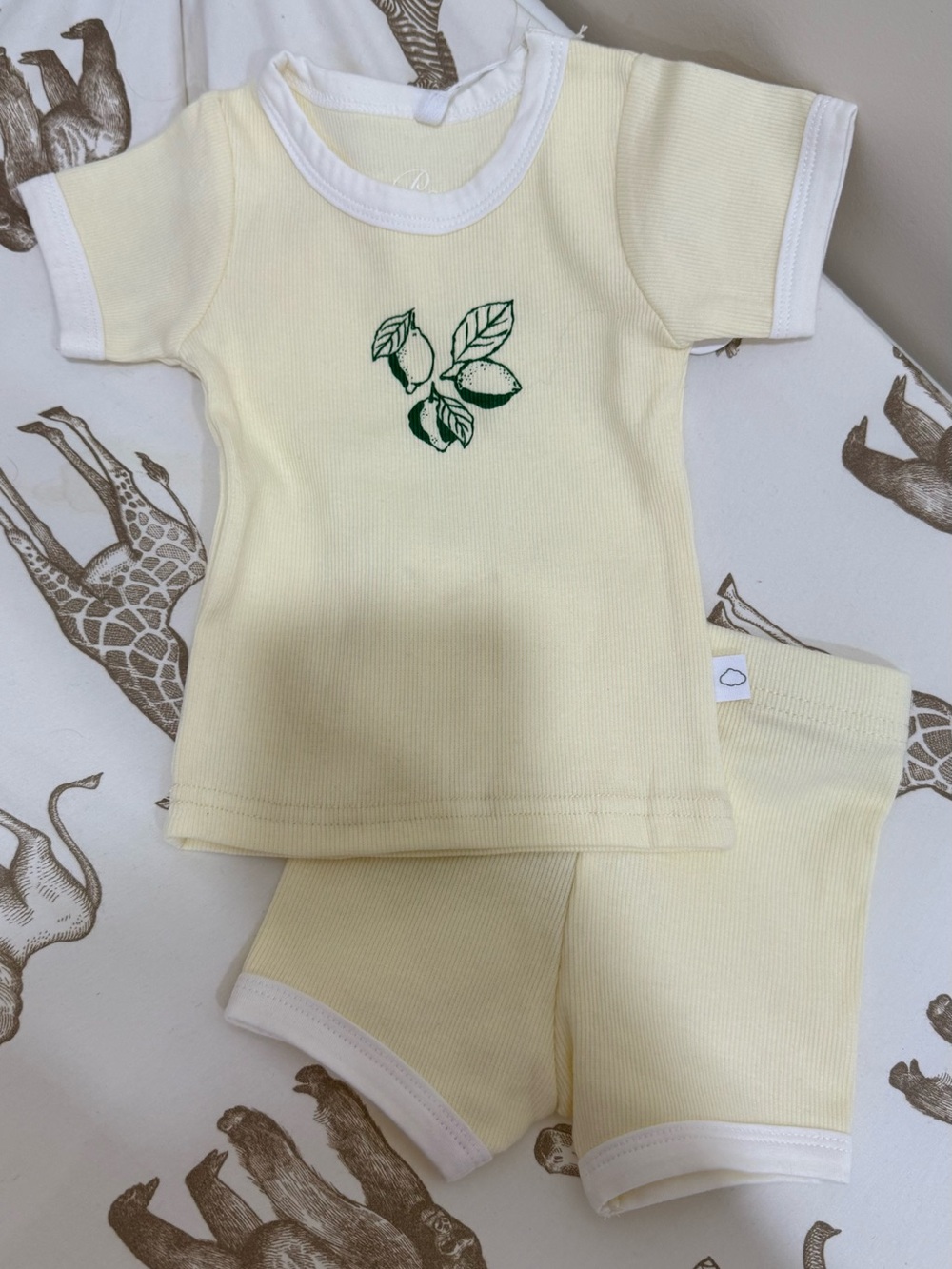 Kids Short Sleeve Set in Pale Yellow with Green Leaf Detail